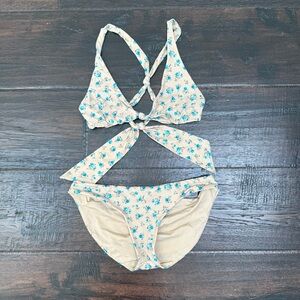 Frankie's Bikinis Floral Print Bikini - Cream and Blue